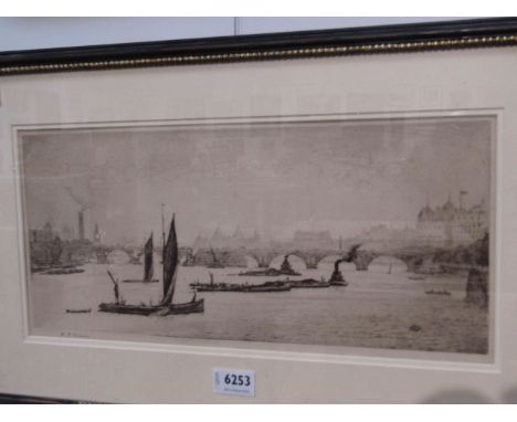 H. P. EVANS (XX): An etching depicting Lambeth Bridge, 20cm x 42.5cm, framed and glazed