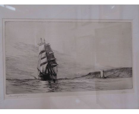 HAROLD WYLLIE (1880-1973): An etching depicting tall ship off Falmouth, 18cm x 31cm, framed and glazed, some discolouration t