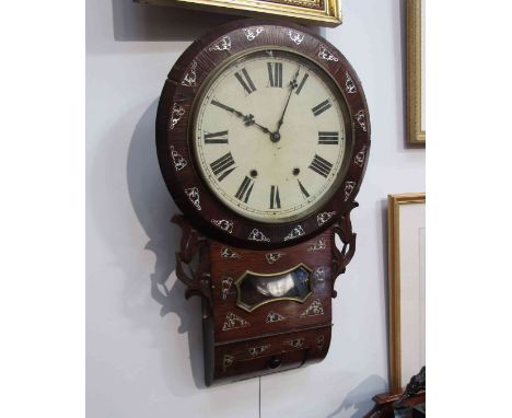 A 19th Century mother-of-pearl inlaid drop dial wall clock, some veneer missing, 73cm tall