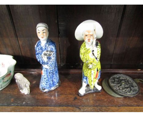 An Oriental celedon dish, carved trinket box, sage glass figure and two disks (8)