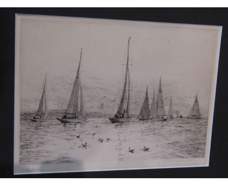 WILLIAM LIONEL WYLLIE (1851-1931): An etching depicting group of sailing vessels off coast, unframed and mounted, 23cm x 31.5