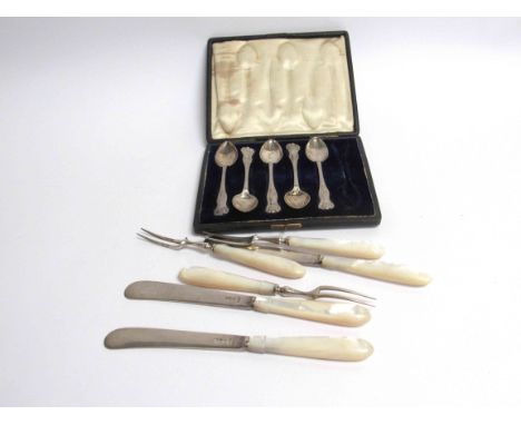 Five silver teaspoons and Mappin &amp; Webb mother-of-pearl silver bladed knives and forks