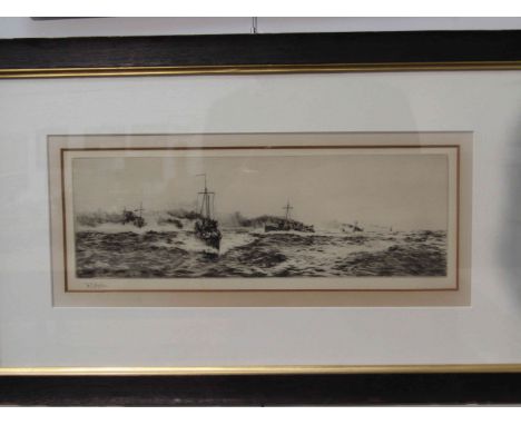 WILLIAM LIONEL WYLLIE (1851-1931): An etching depicting naval convoy, 12.5cm x 34cm, framed and glazed
