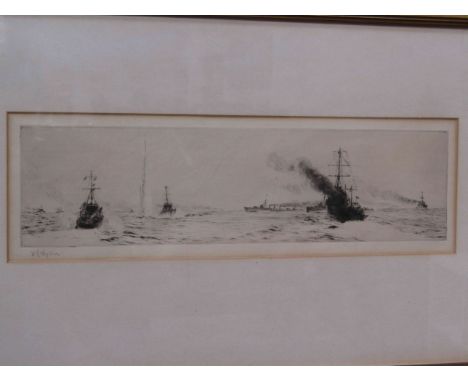 WILLIAM LIONEL WYLLIE (1851-1931): An etching depicting steam vessels at sea, 10.5cm x 35cm, frame a/f