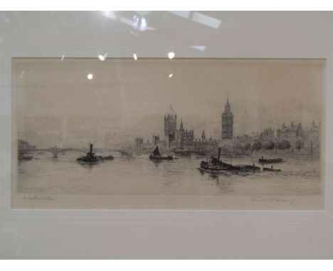 FRANK HARDING (b. 1935): An etching "Westminster", 17.5cm x 36cm, framed and glazed