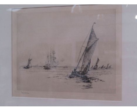 WILLIAM LIONEL WYLLIE (1851-1931): An etching depicting sailing vessels in estuary, signed lower left, 19cm x 24cm, framed an