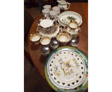 Part blue and floral bordered tea set, Port Merriam mugs, dishes, plates etc. and three Worcester egg coddlers 