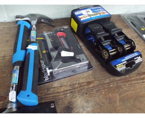 New 2 piece ratchet tie down strap set, heavy duty staple gun, axe and a claw hammer 