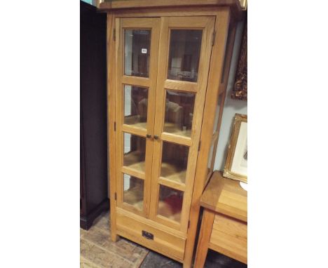 2'6 heavy light oak glazed bookcase or china cabinet with drawer under 