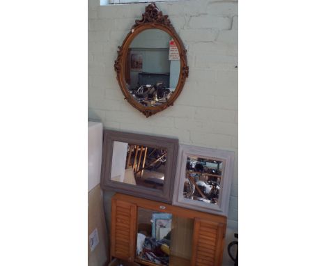 Pine bathroom cabinet, 3 assorted mirrors, metal stick stand, metal folding table, pictures etc. 