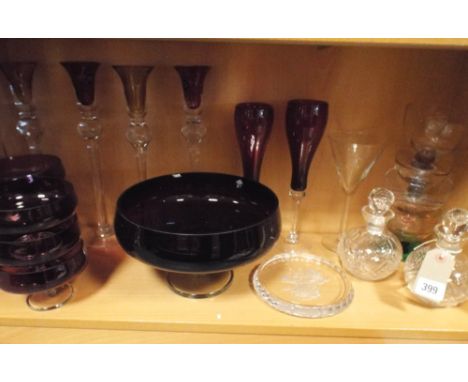 Coloured glass fruit set, long stem wine glasses, perfume bottles etc. 