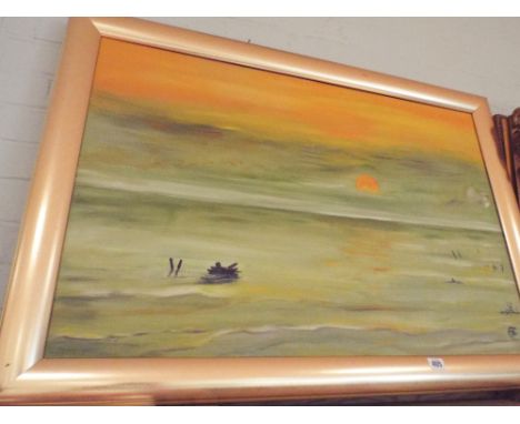 Large modern oil painting of a seascape with sun rising by local artist Jacqui Cowey