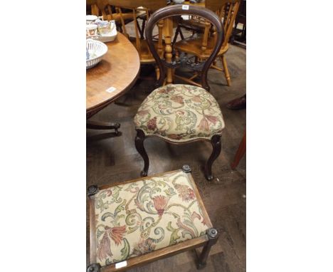 Set of four Victorian walnut balloon back dining chairs standing on cabriole legs with tapestry upholstered seats and a simil