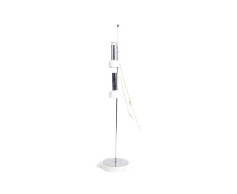 A retro vintage 1970s floor standing twin spot lamp light having stainless steel cylindrical shades supported by adjustable j