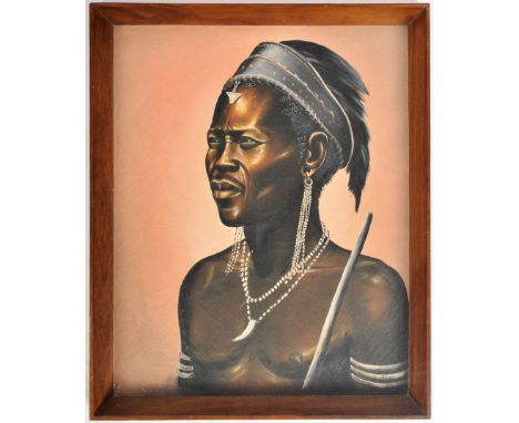 A retro vintage mid 20th Century oil on canvas portrait painting depicting an African tribesman with headwear adorned with ea