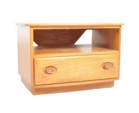 Ercol - A retro mid 20th century beech and elm T.V / entertainment stand / corner example with angular drop-leaf hinged top. 