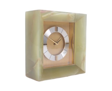 Swiza Clocks - An original retro vintage mid 20th century Swiss made gilt metal and green onyx desk / mantel alarm clock. Squ