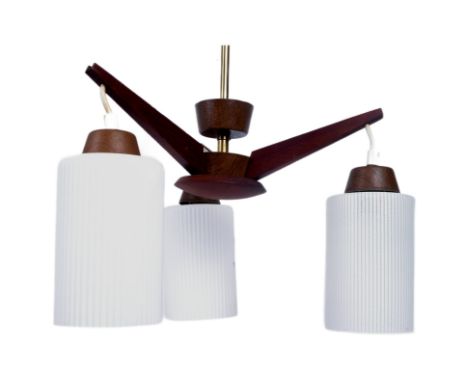 A retro mid 20th Century three arm hanging ceiling light having three teak arms with white reeded glass pendant shades. Measu
