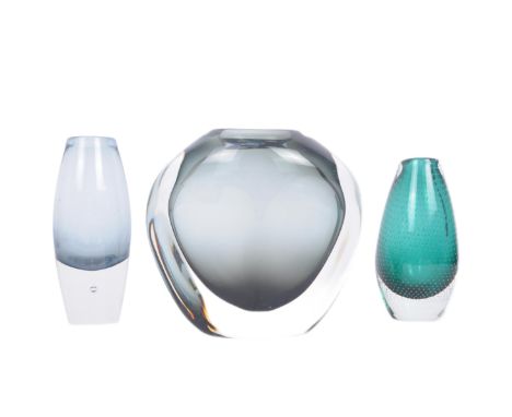 A collection of three retro vintage mid 20th century Scandinavian studio art glass vases.&nbsp; The lot to include a Swedish 