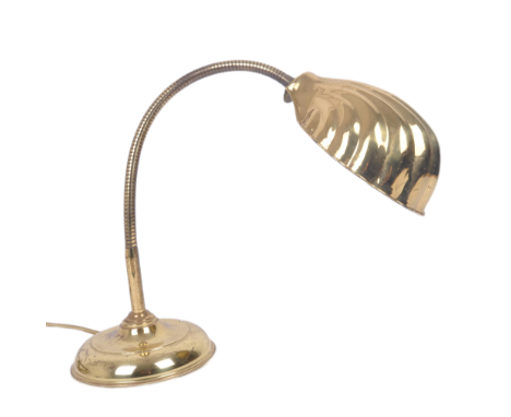 A vintage early 20th century Art Deco articulated brass gooseneck table / desk lamp light having a decorative brassed copper 