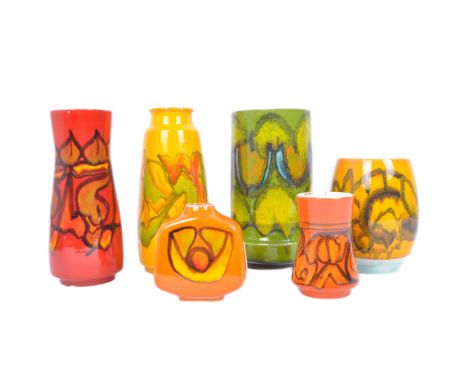 Poole Pottery - Delphis Range - A selection of six retro mid 20th Century ceramic vases &amp; pots. Each decorated with abstr
