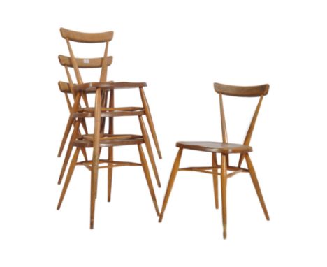 Lucian Ercol for Ercol - Dot - A set of four vintage retro 1960s beech and elm stacking chairs / dining chairs having taperin