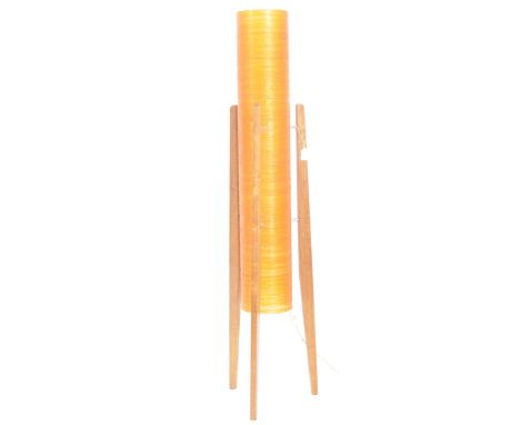 1960s retro standing rocket lamp, orange spun fibreglass cylindrical shade mounted on three teak supports with two bulb fixtu