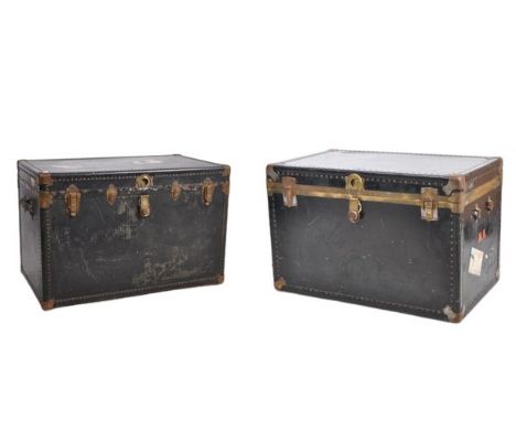 A near pair of early 20th Century metal bound steamer trunk chests - ideal as conversion to side / lamp tables. Each of black