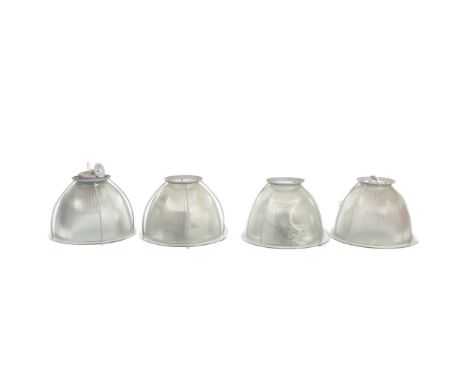 A matching set of four contemporary Holophane industrial factory pendant light shades of metal and glass construction having 