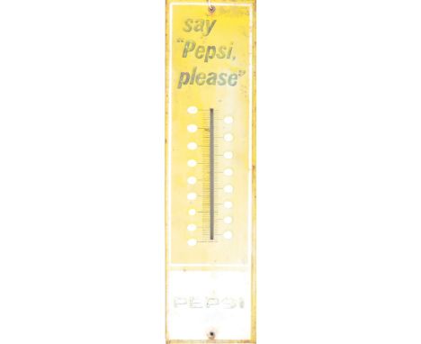 Pepsi - A retro vintage 20th Century metal point of sale advertising shop thermometer for Pepsi Cola having yellow and white 
