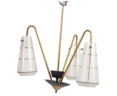 A retro mid Century three arm hanging ceiling light and matching wall sconce. The ceiling light having three brass arms with 