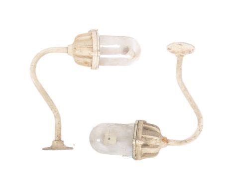 A pair of retro vintage mid 20th century 1950s industrial factory exterior wall mounted work lamp lights of tubular swan neck
