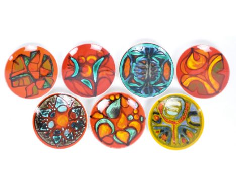 Poole Pottery - Delphis Range - A selection of seven retro vintage mid 20th century ceramic plates each with glazed decoratio