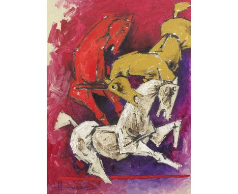 Maqbool Fida Husain (Indian, 1915-2011)Untitled (Horses) signed 'Husain' lower left, circa early 1990sacrylic on canvas, fram