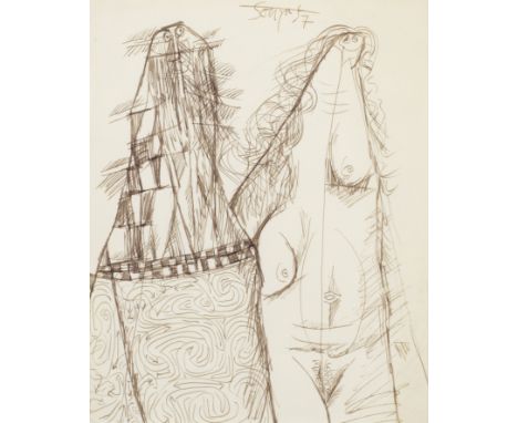 Francis Newton Souza (1924-2002)Untitled (Couple) signed and dated 'Souza 57' upper centrepen on paper, framed24.3 x 19.2cm (