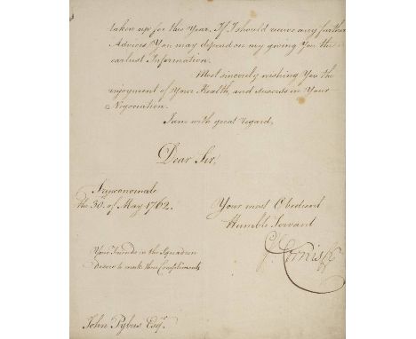 East India Company. Autograph letter signed from Sir Samuel Cornish as rear-admiral of the white to East India Company servan