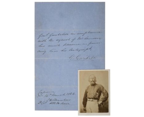 *Garibaldi (Giuseppe, 1807-1882). Letter signed, 'G. Garibaldi', Caprera, 14 March 1864,  complying with an autograph request