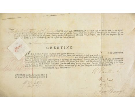 *East India Company. Printed document signed by William Bentinck as governor of Madras appointing James Annesley as surgeon, 