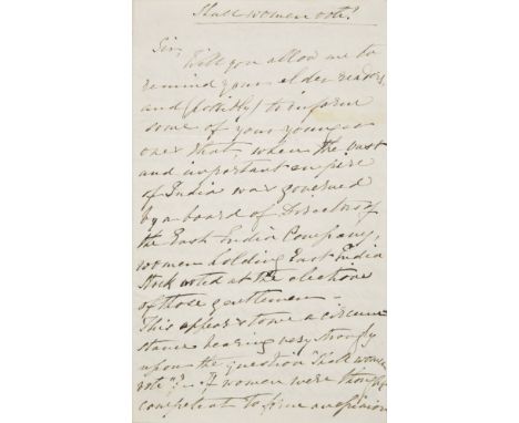 *Suffragettes. Autograph letter from 'An Old Married Woman' regarding the question 'Shall Women Vote?', October 21st 1868, ho