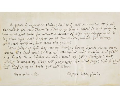 *Mazzini (Giuseppe, 1805-1872). Autograph letter signed, 'Gius. Mazzini', no place, 1 December 1853,  to (?)Venenni, in Itali