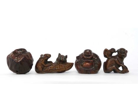 4 Netsuke carved animal figures, modelled as a Buddha, a monkey with young, rats and a mouse
