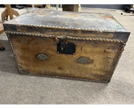 A 19th Century pony skin and metal trunk of rectangular form, 75cm wide