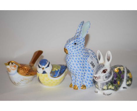 A Royal Crown Derby model of a springtime bunny with gold stopper, further gold stopper of a garden blue tit and a further Cr