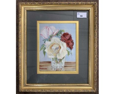 A. Rainford (British,19th century) Still life of roses in a vase, oil on ceramic plaque, signed and dated 1894, 19x53cm, fram