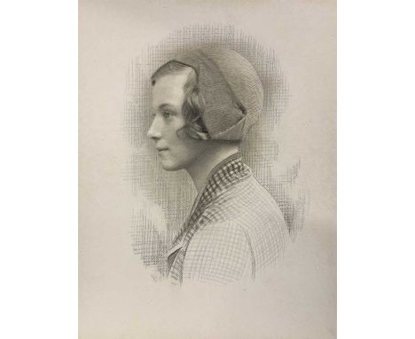 British School, circa 20th century, Side profile bust portrait of a woman, graphite and charcoal on laid paper, unsigned, 29x