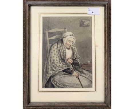 Attributed to Robert Dighton RA (British, 1752-1814), Portrait of a seated elderly lady, watercolour, 15x22cm, framed and gla