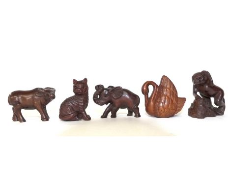 5 Netsuke carved animal figures, modelled as a swan, Elephant, cat, monkey and a buffalo