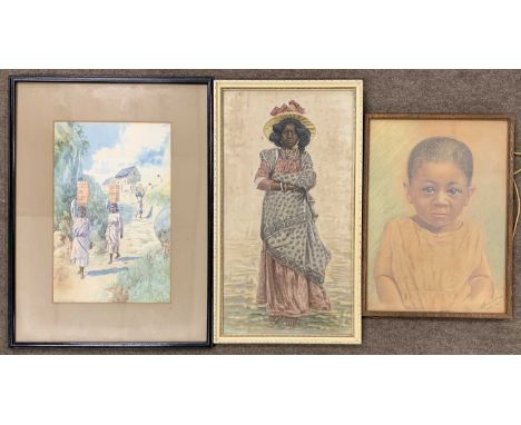 A trio of Malagassy (Madagascar) related portrait / scenes including a Malagassy boy, pastel on laid paper, signed 'Rosamoeli