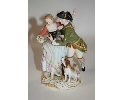 20th Century Meissen model of a soldier and lady on shaped base with a dog by his side (sword broken and lacking, some restor