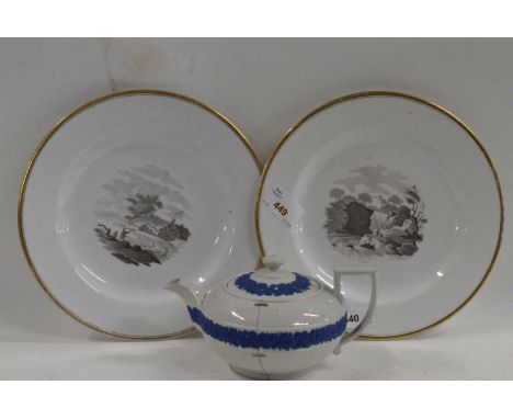 A 19th Century Wedgwood teapot and two Spode plates with back printed designs, 21cm diameter